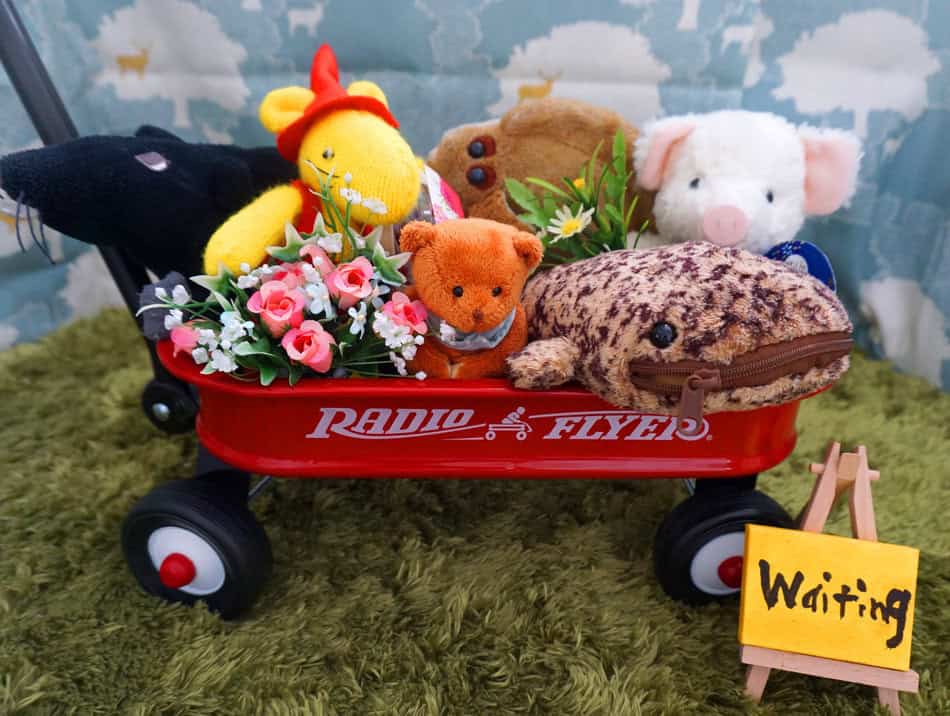 Stuffed animals red wagon